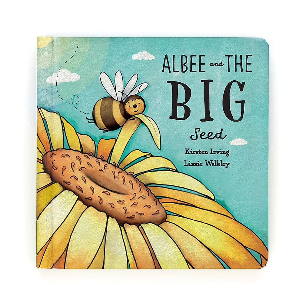 Cover for the Jellycat book Albee and the Big Seed, showing a happy bee visiting a sunflower.