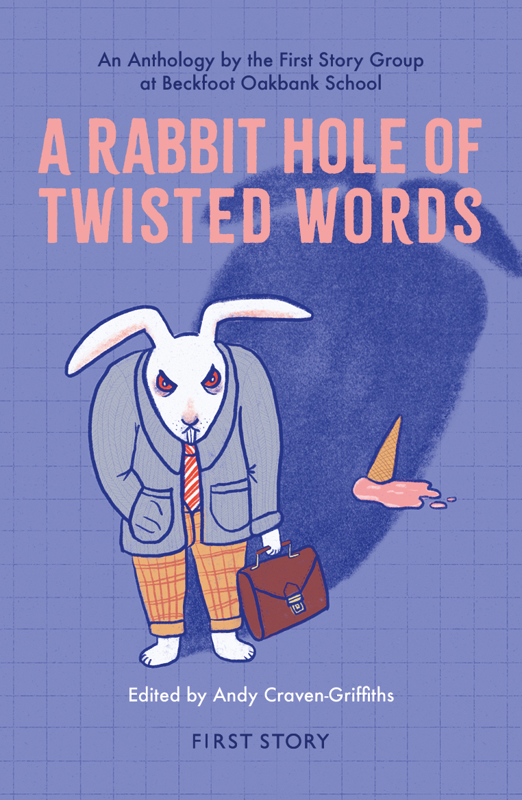Front cover of the poetry anthology A Rabbit Hole of Twisted Words, showing a sinister white rabbit with red eyes wearing a business suit and carrying a briefcase.