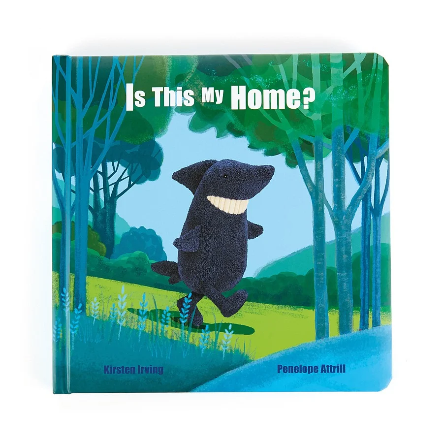 Cover for the Jellycat book Is This My Home? Showing a blue smiling shark walking through a forest.