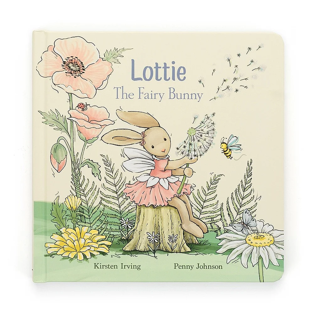 Cover for the Jellycat book Lottie The Fairy Bunny, showing a bunny in a pink tutu sat in a garden holding a dandelion.