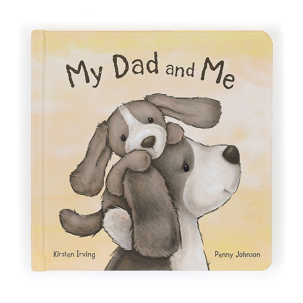 Cover for the Jellycat book My Dad and Me, showing a dog father with a puppy on his shoulders.