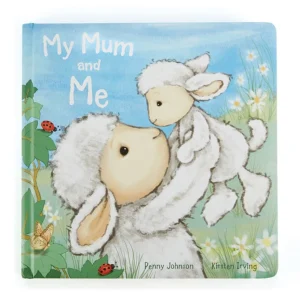 Cover for the Jellycat book My Mum and Me, showing a mama sheep holding a lamb in a meadow.