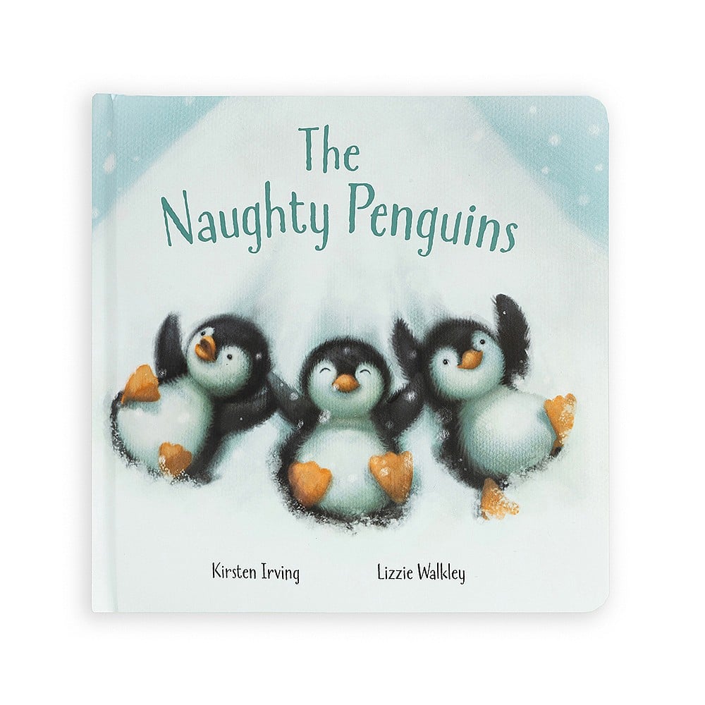 Cover for the Jellycat book The Naughty Penguins, showing three young penguins sliding down a snowy hill.