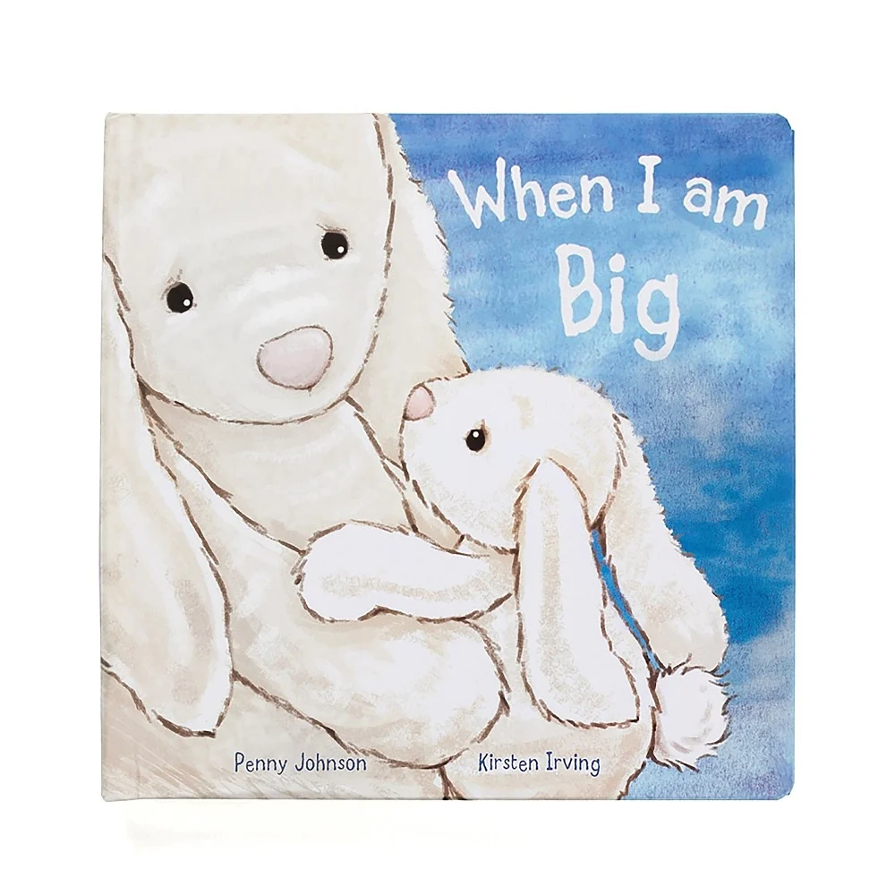 Cover for the Jellycat book When I Am Big, showing a parent bunny cuddling a baby bunny on a blue background.