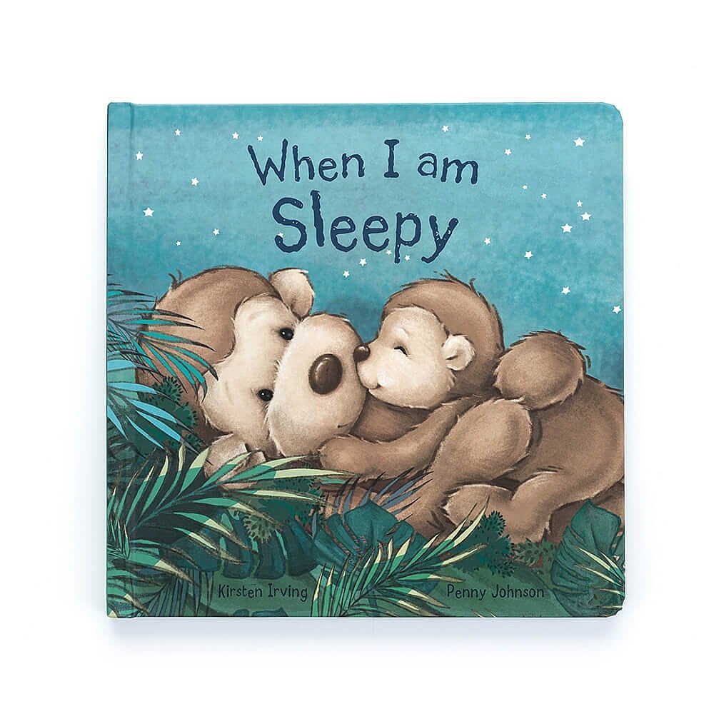 Cover for the Jellycat book When I Am Sleepy, showing a parent monkey cuddling a baby monkey under the stars.