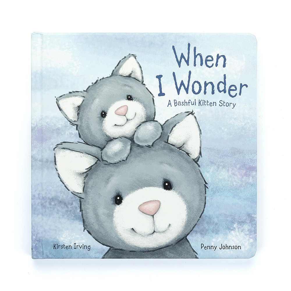 Cover for the Jellycat book When I Wonder, showing a parent cat and a kitten peeping out between their ears.