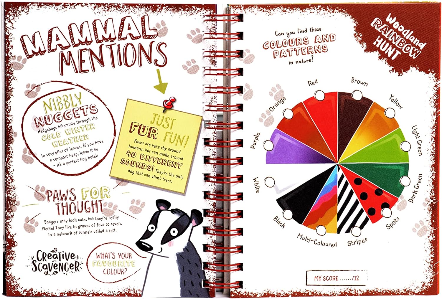 Two pages from the Creative Scavenger kit: Mammal Mentions and Woodland Rainbow Hunt.