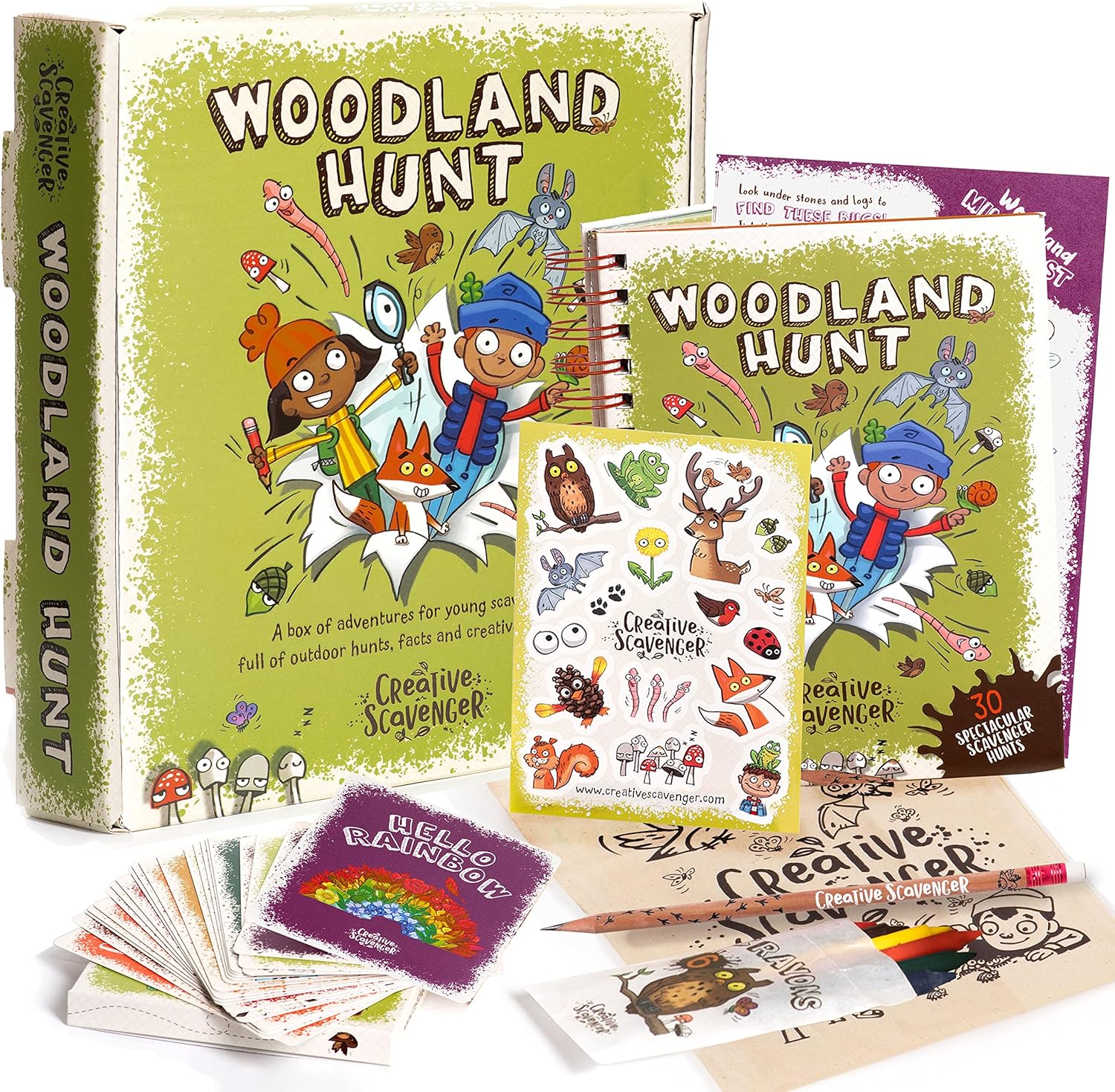 A Creative Scavenger kit, filled with colourful cards, pencils and booklets.